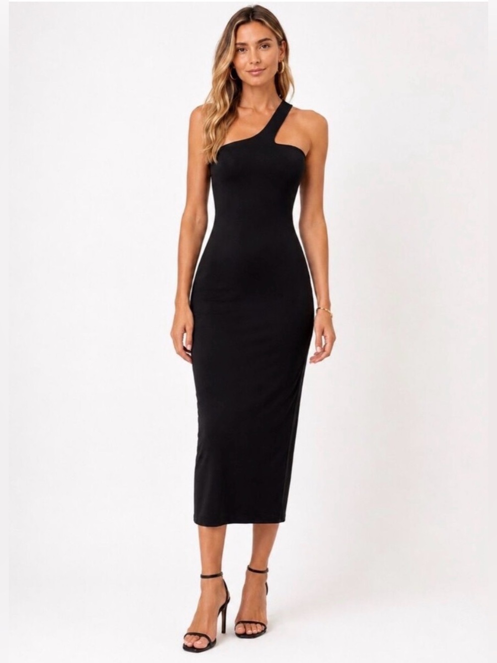 AFRM Sloane One Shoulder Bodycon Midi Dress Stretch Minimalist Black XS NEW